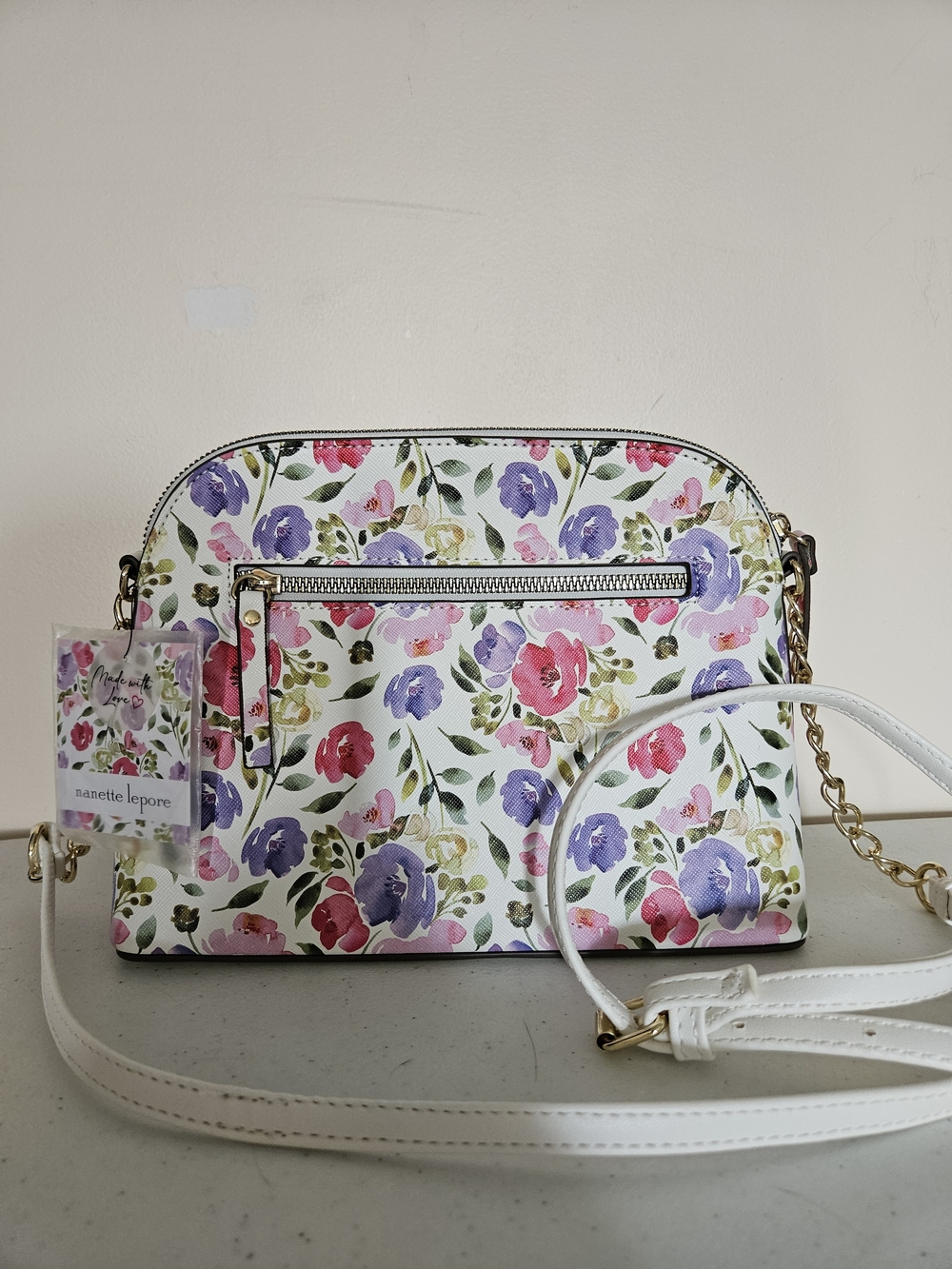 Nanette Lepore White Floral Crossbody with Pink & Purple Blooms